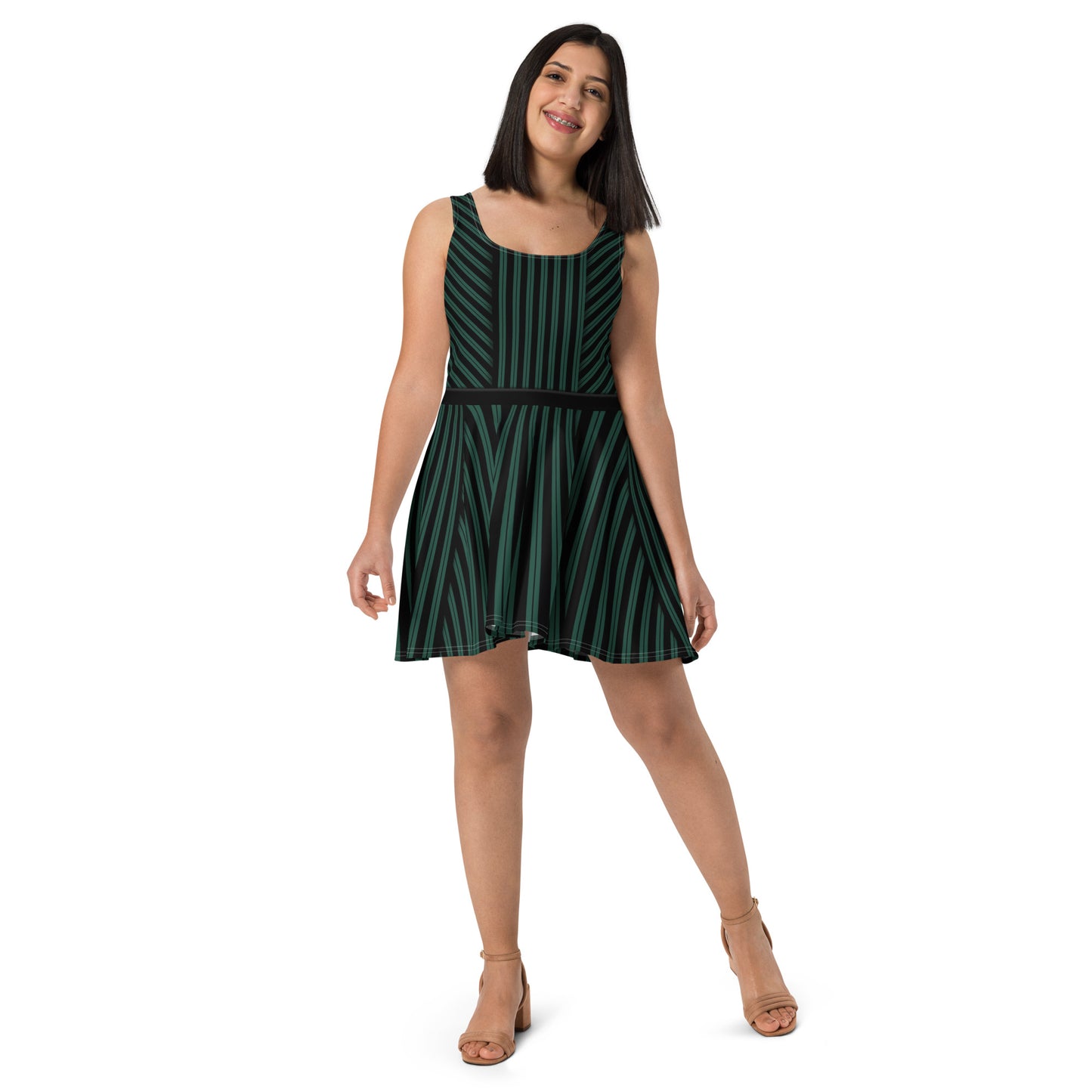 Haunted House Green and Black Striped Skater Dress